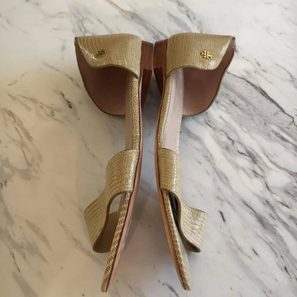 Tory Burch Savannah D'Orsay Flat Sandals Tan Embossed Leather Strap‎ Front Sz 10